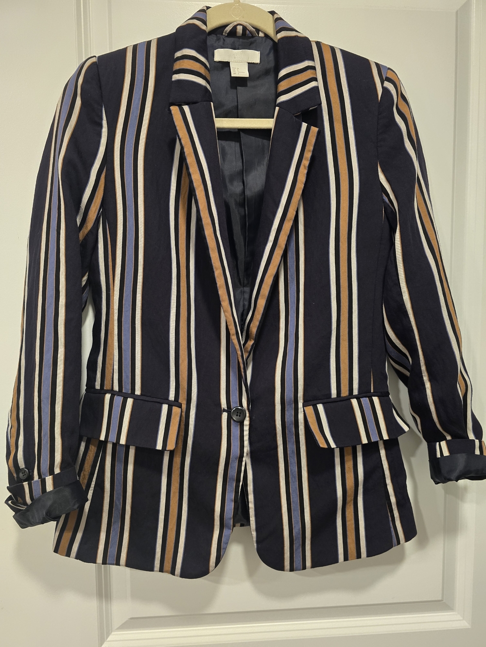 H&M Multi-Stripe Tailored Single-Button Blazer – Navy, Tan & Blue